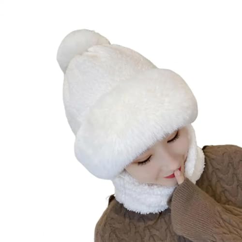 WOYUANSHA Mütze Beanie Hut Damen Plüsch-Kugel-Dekor-Schal-Hut Einfarbig Verdichteter Hals Warm Wind Dicht Hut Dick Flauschige Mütze Kopf Bedeckung Weiß von WOYUANSHA