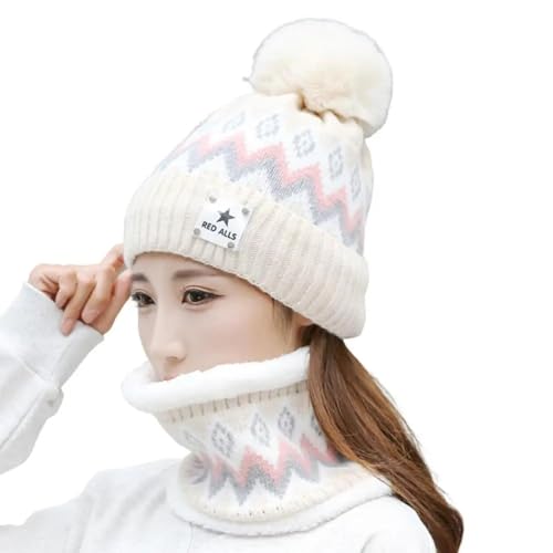 WOYUANSHA Mütze Beanie Hut Frauen Hut Hals Wärmer Gestrickt Pompom Ohr Hals Schutz Hut Thermische Beanie Cap Schal Kit Für Reiten Beige von WOYUANSHA