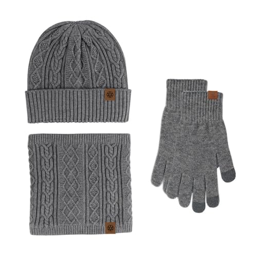 WOYUANSHA Mütze Beanie Hut Gestrickte Handschuhe Hut Schal Dreiteiliger Set Touchscreen Plüsch Warm Hut Outdoor Sport Ski Warm Dreiteiler Set Einheits Größe Grau von WOYUANSHA