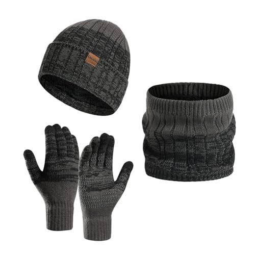 WOYUANSHA Mütze Beanie Hut Gestrickte Schal-Hut-Handschuhe Set Dicke Warme Mützen-Hüte Für Frauen Outdoor-Reiten Ski-Bonnet-Kappen-Rohr-Schal-Handschuhe Eine Größe Dunkelgrau von WOYUANSHA