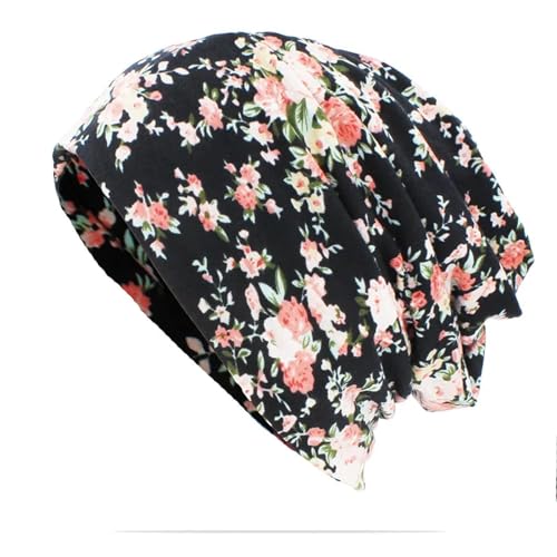 WOYUANSHA Mütze Beanie Hut Hüte Frauen Männer Floral Unisex Teenager Erwachsene Dünne Schal Beanies Vintage Cap 56-62Cm (Elastisch) Schwarz von WOYUANSHA