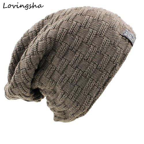 WOYUANSHA Mütze Beanie Hut Solide Skull Ies Bonnet Hüte Für Frauen Männer Mütze Herren Warme Baggy Strick Mütze Khaki von WOYUANSHA