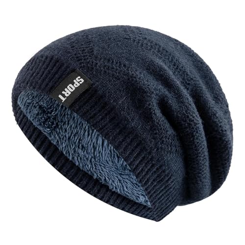 WOYUANSHA Mütze Beanie Hut Unisex Slouchy Winter Hüte Ausgekleidet Männer Warme Mütze Casual Label Dekor Strick Mütze 55Cm-60Cm Navyblue von WOYUANSHA