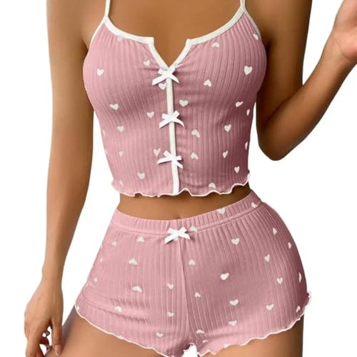 WOYUANSHA Pyjama Nachthemd Schlafanzug 2 Teile/Satz Damen Homewear Top Shorts Anzug Mit Herz Druck Ärmellose Rücken Freie Weste Elastische Hohe Taille Kurze Hose Camis Shorts Outfit XXL Pink von WOYUANSHA