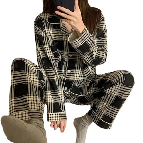 WOYUANSHA Pyjama Nachthemd Schlafanzug 2 Teile/Satz Frauen Pyjama Set Mit Langen Ärmeln Lose Einreiher Mit Weitem Bein Homewear Shirt Hose Set Schlafanzug XXL Schwarz von WOYUANSHA