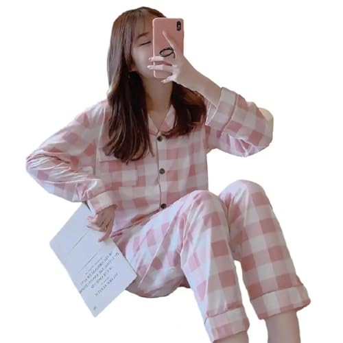 WOYUANSHA Pyjama Nachthemd Schlafanzug 2 Teile/Satz Frauen Pyjama Set Mit Langen Ärmeln Lose Einreiher Mit Weitem Bein Homewear Shirt Hosen Set Schlafanzug L Pink von WOYUANSHA