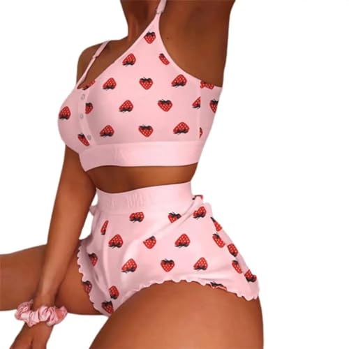 WOYUANSHA Pyjama Nachthemd Schlafanzug 2 Teile/Satz Frauen Pyjamas Set Strappy Top Taille Shirring Slim Fit Shorts Homewear Weste Shorts Set Freizeit Outfit M Pink von WOYUANSHA