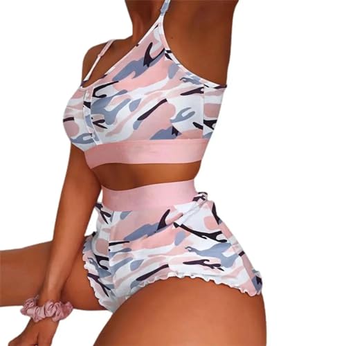 WOYUANSHA Pyjama Nachthemd Schlafanzug 2 Teile/Satz Frauen Pyjamas Set Strappy Top Taille Shirring Slim Fit Shorts Homewear Weste Shorts Set Freizeit Outfit XL Camouflage von WOYUANSHA