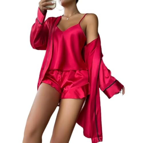 WOYUANSHA Pyjama Nachthemd Schlafanzug 3 Stück Damenmode Und Bequeme Nachtwäsche Spitze Satin Mit Seide Nachtwäsche Robe Sexy Pyjama Hose Heim Kleidung 3XL Rot von WOYUANSHA