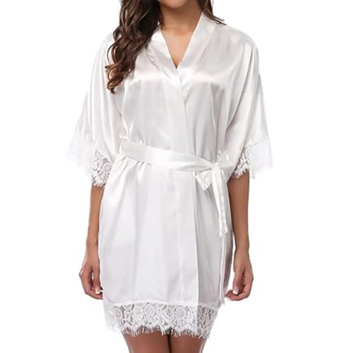 WOYUANSHA Pyjama Nachthemd Schlafanzug Damen Iace Pyjama Robe Nachthemden Halb Ärmel Ige Nachthemd Bademantel Weich Bequem XL Weiß von WOYUANSHA