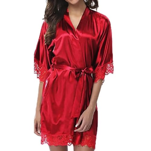 WOYUANSHA Pyjama Nachthemd Schlafanzug Damen Iace Pyjama Robe Nachthemden Halb Ärmel Ige Nachthemden Bademantel Weich Bequem XXL-Rot von WOYUANSHA