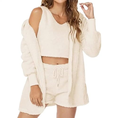 WOYUANSHA Pyjama Nachthemd Schlafanzug Damen Samt Pyjamas Set Crop Top + Shorts Mantel Anzug Warm Weiche Homewear Pyjama 3XL Beige von WOYUANSHA