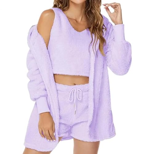 WOYUANSHA Pyjama Nachthemd Schlafanzug Damen Samt Pyjamas Set Crop Top + Shorts Mantel Anzug Warm Weiche Homewear Pyjama 3XL Lila von WOYUANSHA