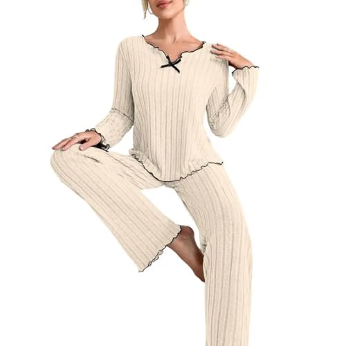 WOYUANSHA Pyjama Nachthemd Schlafanzug Damen Schlafanzug Pyjamas Set Langarm Top Und Lange Hosen Set Freizeit-Homewear Lounge Wear XL Aprikose von WOYUANSHA