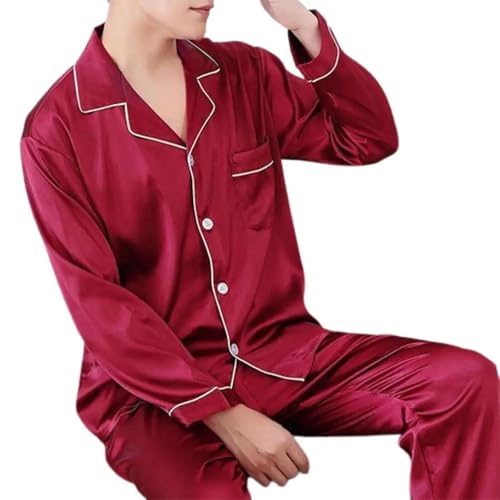 WOYUANSHA Pyjama Nachthemd Schlafanzug Elegante Satin Herren Pyjama-Sets Mit Langen Knöpfen Schlaf Kleidung Für Herren Für Herren Nachtwäsche Silk Night Wear Pijama Große Größe Lounge Wear 4XL Rot von WOYUANSHA