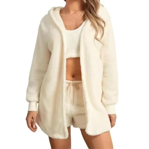 WOYUANSHA Pyjama Nachthemd Schlafanzug Flauschige Outfits Plüsch Sexy Pyjama Damen Freizeit Sport Sweatshirt Heim Bekleidung Set Trainings Anzug 3XL Beige von WOYUANSHA