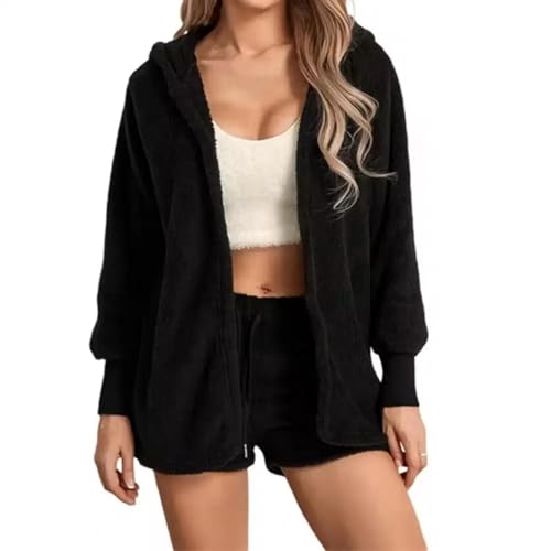 WOYUANSHA Pyjama Nachthemd Schlafanzug Flauschige Outfits Plüsch Sexy Pyjama Damen Freizeit Sport Sweatshirt Heim Bekleidung Set Trainings Anzug 3XL Schwarz von WOYUANSHA