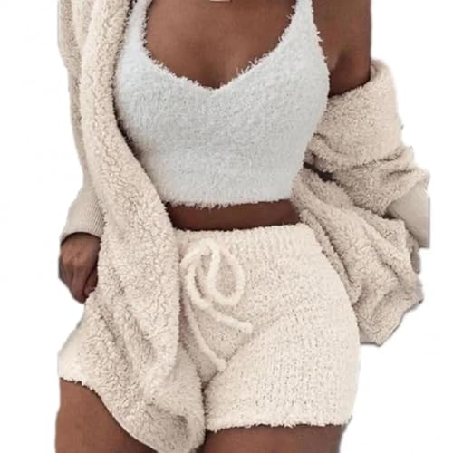 WOYUANSHA Pyjama Nachthemd Schlafanzug Flauschige Pyjama-Set Für Damen Freizeit-Schlafanzug-Shorts Mit Kapuzen Pullover Pijamas M Beige von WOYUANSHA