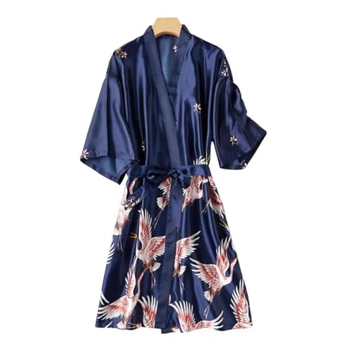 WOYUANSHA Pyjama Nachthemd Schlafanzug Frauen Bademantel Druck Satin Schnürung V-Ausschnitt Pyjama Lose Nachthemd Braut Morgen Dressing Kleid XL Navyblue von WOYUANSHA