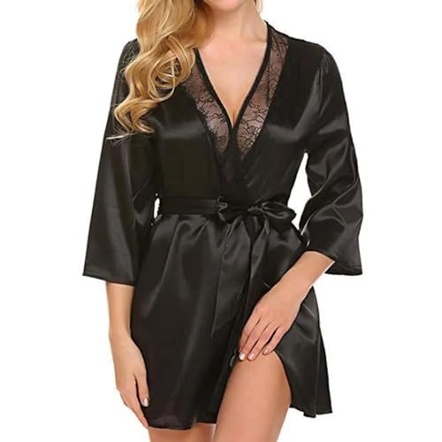 WOYUANSHA Pyjama Nachthemd Schlafanzug Frauen Nachthemd Einfarbig Satin Spitze Tight Taille Lady Nachthemd Weibliche Kleidung M Schwarz von WOYUANSHA