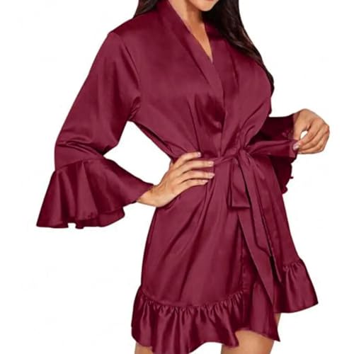 WOYUANSHA Pyjama Nachthemd Schlafanzug Frauen Pyjamas Über Dem Knie Lange Ärmel Schlaf Roben Satin Enge Taille Schnürung Lady Schlafanzug Schlafzimmer Für M Rot von WOYUANSHA