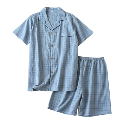 WOYUANSHA Pyjama Nachthemd Schlafanzug Herren Pyjamas Kurz Ärmel Iges Oberteil Und Hose Aus Gewaschener Baumwolle Einfacher Karo-Heim-Service-Anzug Pijama M Light Blue von WOYUANSHA