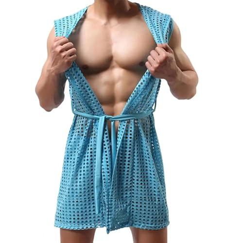 WOYUANSHA Pyjama Nachthemd Schlafanzug Herren Sexy Nachthemd Mit Kapuze Ärmellose Ausgehöhene Mesh-Lounge Wear Mit Schnürung Nacht Robe Homewear S Blue von WOYUANSHA