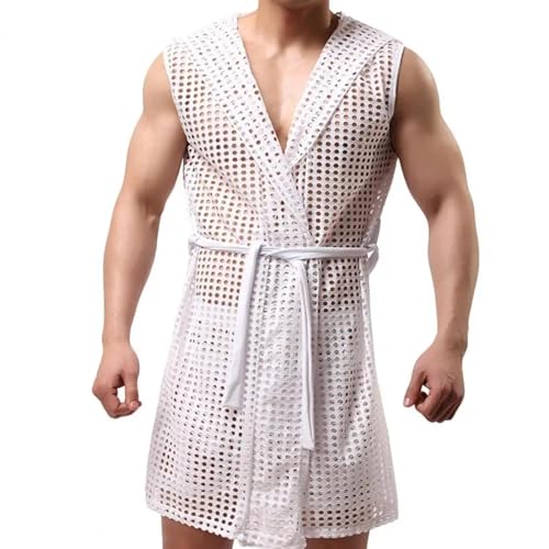 WOYUANSHA Pyjama Nachthemd Schlafanzug Herren Sexy Nachthemd Mit Kapuze Ärmellose Ausgehöhene Mesh-Lounge Wear Mit Schnürung Nacht Robe Homewear XL Weiß von WOYUANSHA