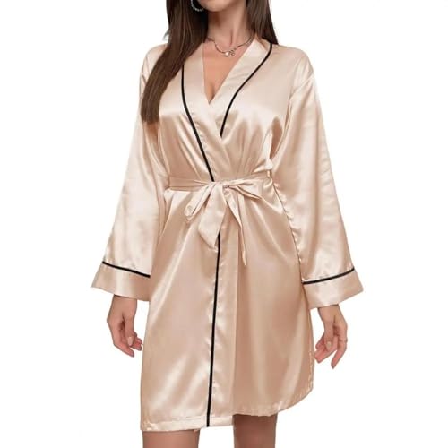 WOYUANSHA Pyjama Nachthemd Schlafanzug Langärmliges Nachthemd Elegantes Nachthemd Mit Schnürung Für Frauen Langarm-Satin-Schlaf Kleid Mit V-Ausschnitt Und Engster Taille L Champagner von WOYUANSHA