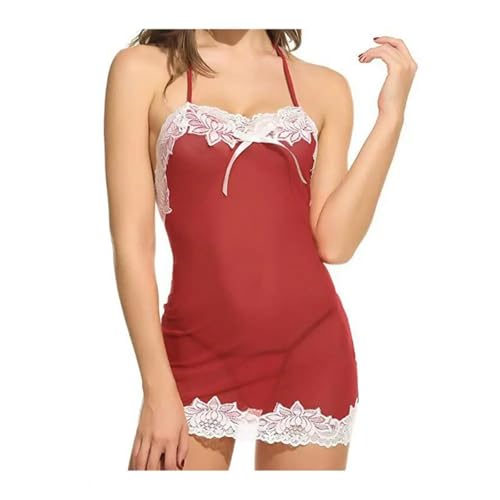 WOYUANSHA Pyjama Nachthemd Schlafanzug Nachthemd Elegantes Nachthemd Aus Spitze Für Frauen Necker Hals Nachtwäsche Durchsichtigen Mesh Für Schlafzimmer XL Rot von WOYUANSHA