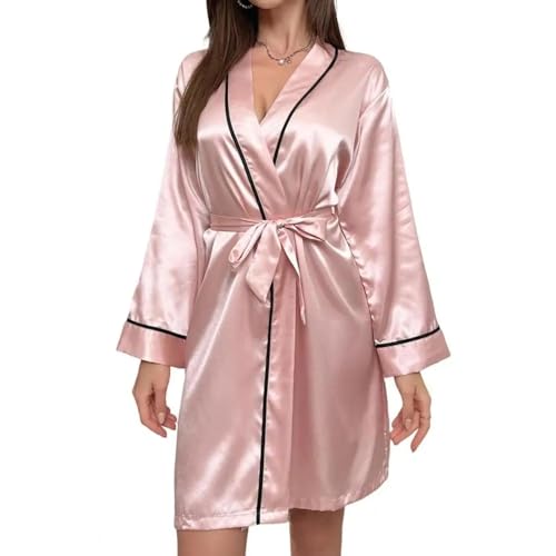 WOYUANSHA Pyjama Nachthemd Schlafanzug Nachthemd Elegantes Nachthemd Mit Schnürung Für Frauen Langärmliges Satin-Schlaf Kleid Mit V-Ausschnitt Eng Taille Rosa von WOYUANSHA