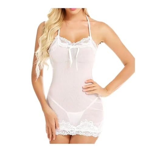 WOYUANSHA Pyjama Nachthemd Schlafanzug Nachthemd Elegantes Nachthemd Mit Spitze Für Frauen Necker Hals Nachtwäsche Durchsichtigen Mesh Für Schlafzimmer L Weiß von WOYUANSHA