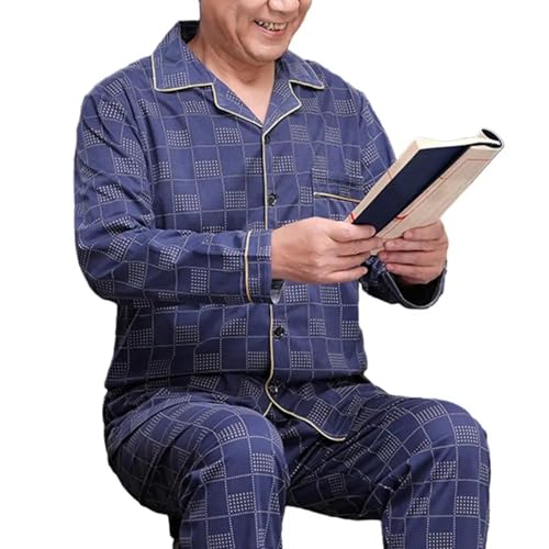 WOYUANSHA Pyjama Nachthemd Schlafanzug Pyjama-Set Für Männer Pyjama-Set Für Vater Mittleren Alters Mit Lockerer Langarm-Shirt-Hose Für Bequeme Homewear 3XL Dunkelblau von WOYUANSHA