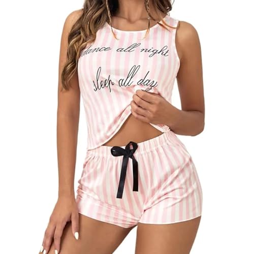 WOYUANSHA Pyjama Nachthemd Schlafanzug Pyjamas Für Frauen Solide Nachtwäsche Baumwolle Pyjamas Set Tank Top Shorts Niedliche Unterwäsche Set Weich Ärmel Los Nachtwäsche XL Pink von WOYUANSHA