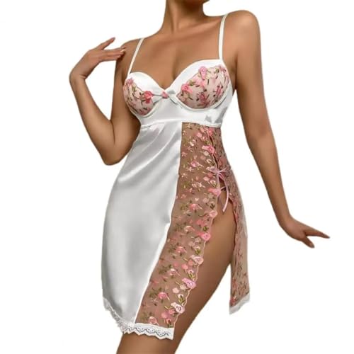 WOYUANSHA Pyjama Nachthemd Schlafanzug Transparente Mesh-Nachtwäsche Floral Bestickte V-Ausschnitt Satin Nachthemd Mesh Patchwork Elegant Rücken Frei S Pink White WOYUANSHA Pyjama Nachthemd Schlafanzug Transparente Mesh-Nachtwäsche Floral Bestickte V-Ausschnitt Satin Nachthemd Mesh Patchwork Elegant Rücken Frei S Pink White von WOYUANSHA