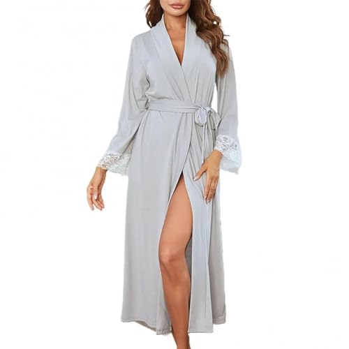 WOYUANSHA Pyjama Nachthemd Schlafanzug Weiche Lang Ärmel Ige Nachtwäsche Jumps Uits Damen Spitze Patchwork Gürtel Bade Robe Nachthemd Damen Langes Bade Kleid XXL Grau von WOYUANSHA