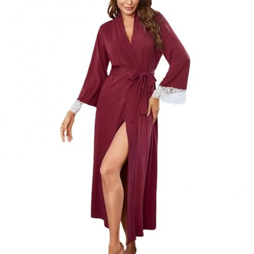 WOYUANSHA Pyjama Nachthemd Schlafanzug Weiche Langarm-Nachtwäsche-Jumps Uits Damen Spitze Patchwork Gürtel Bade Robe Nachthemd Damen Langes Bade Kleid XXL WineRed von WOYUANSHA