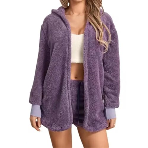 WOYUANSHA Pyjama Nachthemd Schlafanzug Zweiteiliges Lounge Wear Set Gemütliche Kapuzen Jacke Shorts Set Für Damen Warmes Plüsch-Homewear-Outfit Mit Kordel Zug Taille 3XL Lila von WOYUANSHA