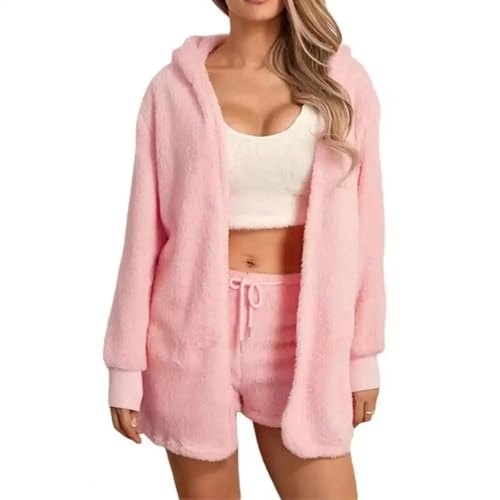 WOYUANSHA Pyjama Nachthemd Schlafanzug Zweiteiliges Lounge Wear Set Gemütliche Kapuzen Jacke Shorts Set Für Damen Warmes Plüsch-Homewear-Outfit Mit Kordel Zug Taille XXL Pink von WOYUANSHA