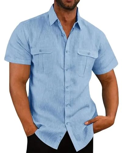 WOYUANSHA T-Shirt Kurzarm Herren Baumwoll Leinen Herren Kurzarm Hemden Einfarbig Stehkragen Lässiger Strand Plus Größe Herren Hemden 5XL Blau WOYUANSHA T-Shirt Kurzarm Herren Baumwoll Leinen Herren Kurzarm Hemden Einfarbig Stehkragen Lässiger Strand Plus Größe Herren Hemden 5XL Blau von WOYUANSHA