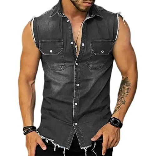 WOYUANSHA Tanktops Herren Herren Jeans Weste Zerrissene Jean Jacke Mäntel Weste Männer Ärmel Los Jacke Herren Tank 2XL Schwarz von WOYUANSHA