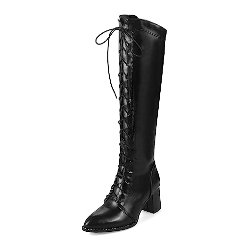 Modische lange Damenstiefel zum Schnüren, sexy, spitzer Zehenbereich, PU-Leder, Reißverschluss, kniehohe Stiefel, klobiger Absatz, Komfort, Herbst-Winter, Blockabsätze, Übergröße 40–48,Schwarz,47 Modische lange Damenstiefel zum Schnüren, sexy, spitzer Zehenbereich, PU-Leder, Reißverschluss, kniehohe Stiefel, klobiger Absatz, Komfort, Herbst-Winter, Blockabsätze, Übergröße 40–48,Schwarz,47 von WOkismD