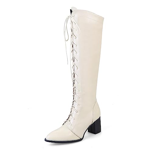 Modische lange Damenstiefel zum Schnüren, sexy, spitzer Zehenbereich, PU-Leder, Reißverschluss, kniehohe Stiefel, klobiger Absatz, Komfort, Herbst-Winter, Blockabsätze, Übergröße 40–48,Beige,46 Modische lange Damenstiefel zum Schnüren, sexy, spitzer Zehenbereich, PU-Leder, Reißverschluss, kniehohe Stiefel, klobiger Absatz, Komfort, Herbst-Winter, Blockabsätze, Übergröße 40–48,Beige,46 von WOkismD