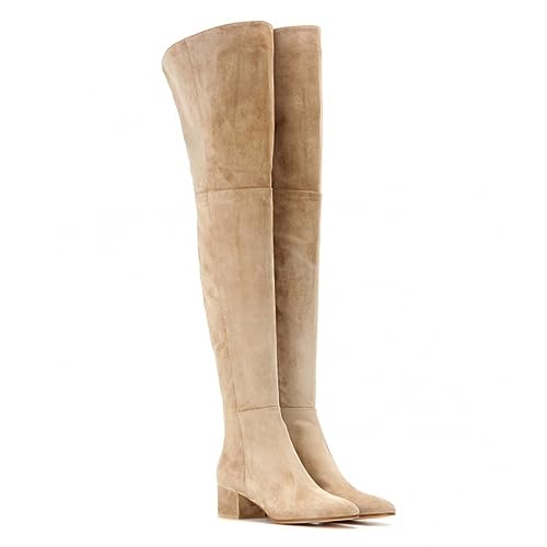 Overknee-Oberschenkelhohe Damen-Stiefel aus Wildleder mit runder Zehenpartie, langer, dehnbarer, weicher Blockabsatz, niedriger Absatz, Herbstmode-Stiefel mit seitlichem Reißverschluss,Beige,37 Overknee-Oberschenkelhohe Damen-Stiefel aus Wildleder mit runder Zehenpartie, langer, dehnbarer, weicher Blockabsatz, niedriger Absatz, Herbstmode-Stiefel mit seitlichem Reißverschluss,Beige,37 von WOkismD