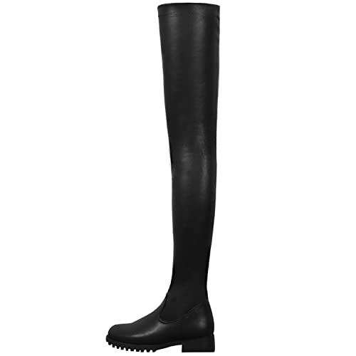 Overknee-Stiefel für Damen, Block-Winter, oberschenkelhoch, PU, oben, klobiger Absatz, flach, lang, Stretch-Stiefel, bequem, runde Zehenpartie, seitlicher Reißverschluss, elastische,Schwarz,40 von WOkismD