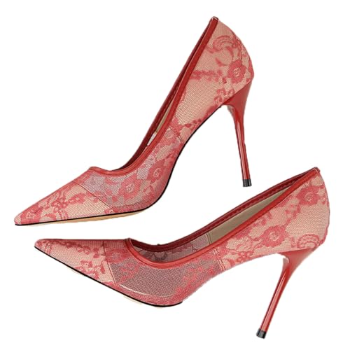 WOkismD Bestickte Pumps aus Spitzennetz für Damen, geschlossene Spitze Zehenpartie, Stilettoabsatz, 8,9 cm, Klassische Pumps fürs Büro, besondere Elegante Pumps für die Hochzeit,Rot,35 von WOkismD