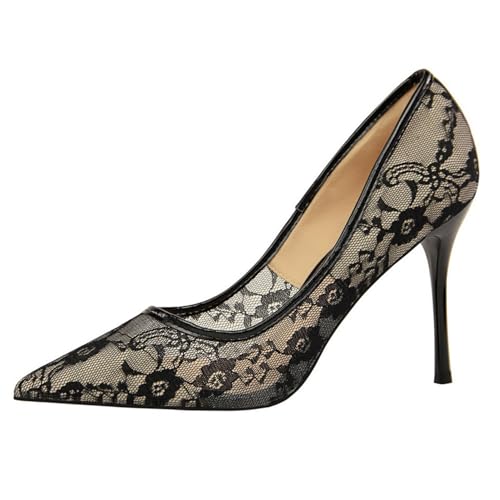 WOkismD Bestickte Pumps aus Spitzennetz für Damen, geschlossene Spitze Zehenpartie, Stilettoabsatz, 8,9 cm, Klassische Pumps fürs Büro, besondere Elegante Pumps für die Hochzeit,Schwarz,37 von WOkismD