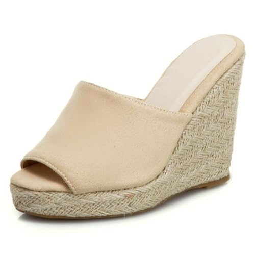 WOkismD Damen Keilsandalen mit Plateau-Espadrille-Absatz, Strandsandalen, offene Zehenpartie, Slipper, lässige Sommer-Slipper, Abendschuhe,Beige,42 von WOkismD