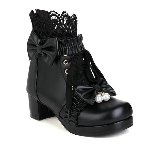 WOkismD Damen-Lolita-Stiefeletten zum Schnüren, klobiger Absatz, runde Spitze, Stiefeletten mit Schleife und Reißverschluss hinten, modisches Spitzen-Mary-Jane-Herbst-Winter-Kleid,Schwarz,40 WOkismD Damen-Lolita-Stiefeletten zum Schnüren, klobiger Absatz, runde Spitze, Stiefeletten mit Schleife und Reißverschluss hinten, modisches Spitzen-Mary-Jane-Herbst-Winter-Kleid,Schwarz,40 von WOkismD