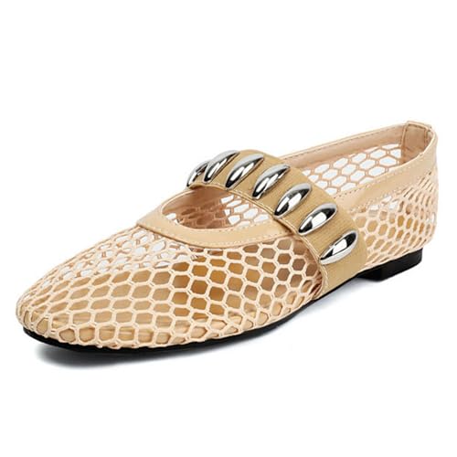 WOkismD Damen Mesh Casual Flache Pumps Metalldekoration Mary Jane Schuhe Runde Zehen Bequeme Flats Abschlussball Hochzeitskleid Schuhe,Beige,44 von WOkismD